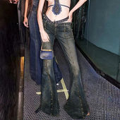 长裤 辣妹复古微喇裤 FabGirls 千禧秀场铆钉拼接泛黄低腰牛仔裤