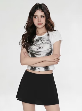 FabGirls 恶野猫咪印花低像素圆领短袖T恤 复古百搭显瘦短上衣