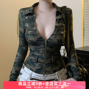 T恤 街头双拉头拼接v领迷彩长袖 复古百搭显瘦短上衣 美式 FabGirls