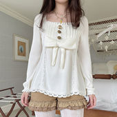 T恤 FabGirls 洛丽塔蝴蝶结拼接花边方领长袖 复古百搭显瘦上衣冬