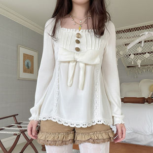 FabGirls 洛丽塔蝴蝶结拼接花边方领长袖T恤 复古百搭显瘦上衣冬