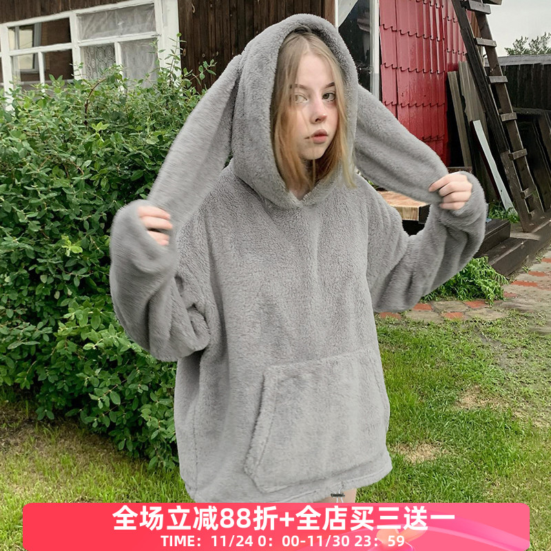 兔耳朵套头卫衣摇粒绒上衣