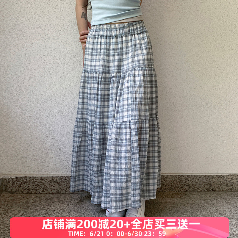 FabGirls 文艺少女格纹拼色梭织低腰半身裙 复古百搭显瘦直筒长裙