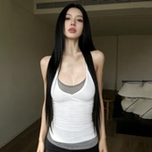 运动叠穿美学撞色挂脖背心 FabGirls 美式 辣妹百搭显瘦两件套上衣