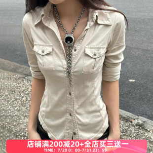 風(fēng)雙口袋拼接排扣短袖 FabGirls 工裝 襯衫 美式 復(fù)古百搭顯瘦短上衣