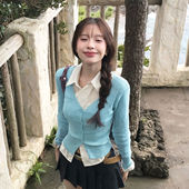 T恤 FabGirls 日杂学院风蕾丝拼接排扣长袖 复古百搭显瘦钩花毛衣