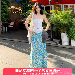 小众碎花长裙套装 小清新串珠拼接抽褶花纹抹胸背心 法式 FabGirls