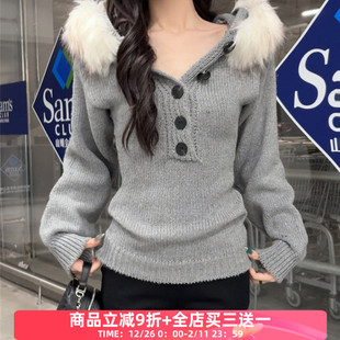 FabGirls 复古百搭显瘦上衣秋 韩系慵懒排扣拼接毛毛连帽套头毛衣