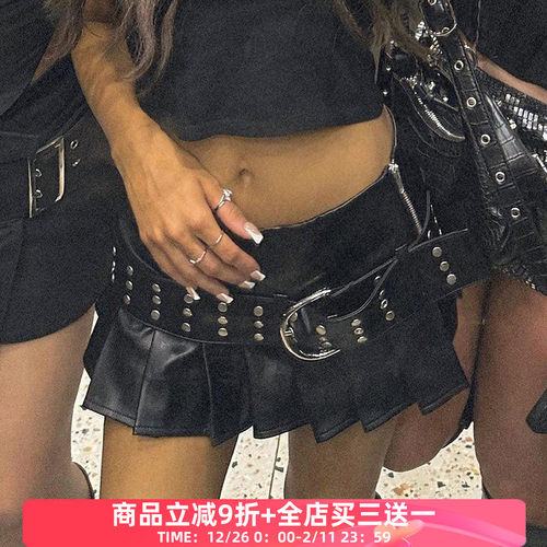 机车风皮革半身裙柳钉拼接短裙