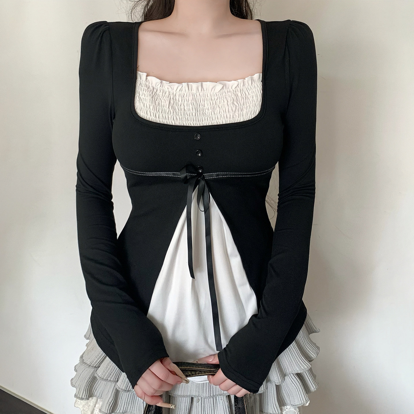 法式少女假两件撞色拼接长袖T恤