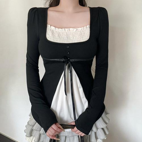 法式少女假两件撞色拼接长袖T恤