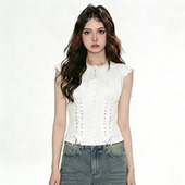 小众短袖 排扣衬衫 上衣 巴伐利亚古感花边收腰绑带小飞袖 FabGirls