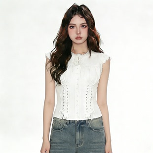 FabGirls 巴伐利亚古感花边收腰绑带小飞袖排扣衬衫 小众短袖上衣