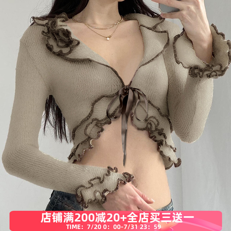 FabGirls 塞尔维娅荷叶边拼接撞色系带长袖T恤 小众显瘦开衫上衣