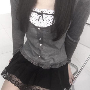 FabGirls 日系假两件波点领口拼接排扣花边长袖T恤 百搭显瘦上衣