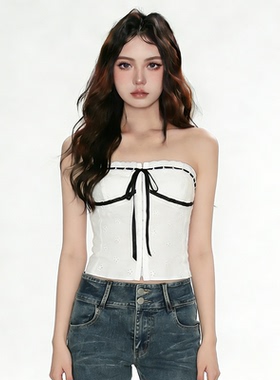 FabGirls 提花编织料子黑白拼色绑带抹胸背心 辣妹外穿露背上衣夏