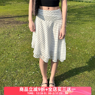 FabGirls 小众百搭显瘦中长裙 miu系少女波点网纱拼接低腰半身裙