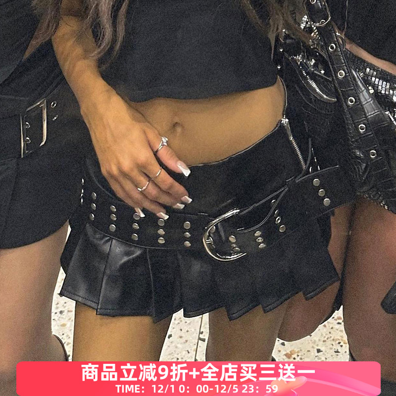机车风皮革半身裙柳钉拼接短裙