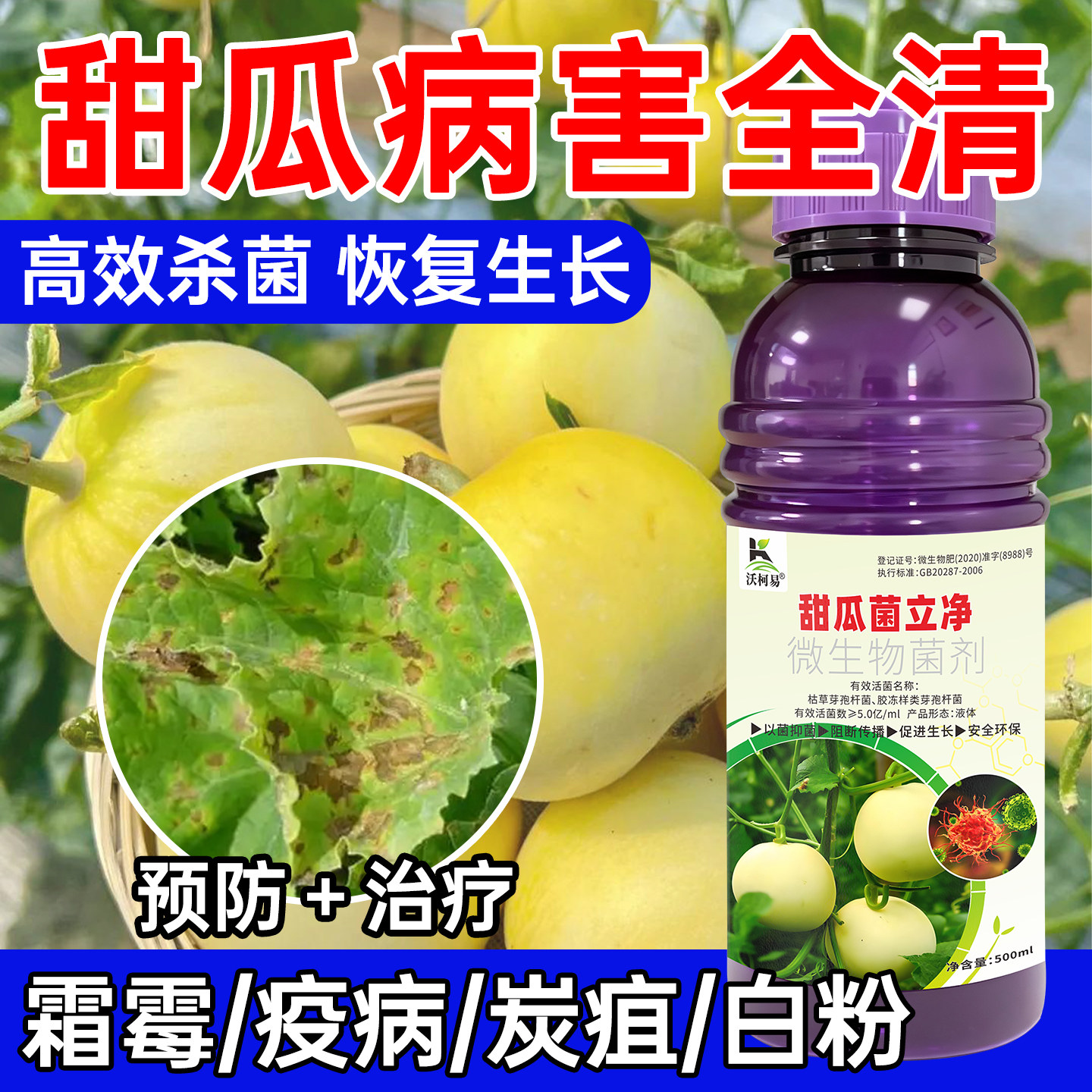 甜瓜香瓜专用杀菌剂果腐枯萎白粉蔓枯炭疽叶斑疫病霜霉化瓜病正品