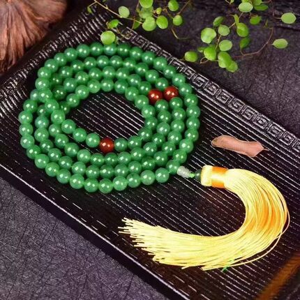 天然绿东林玉108颗佛珠手串 满色正阳绿配红珠流苏款