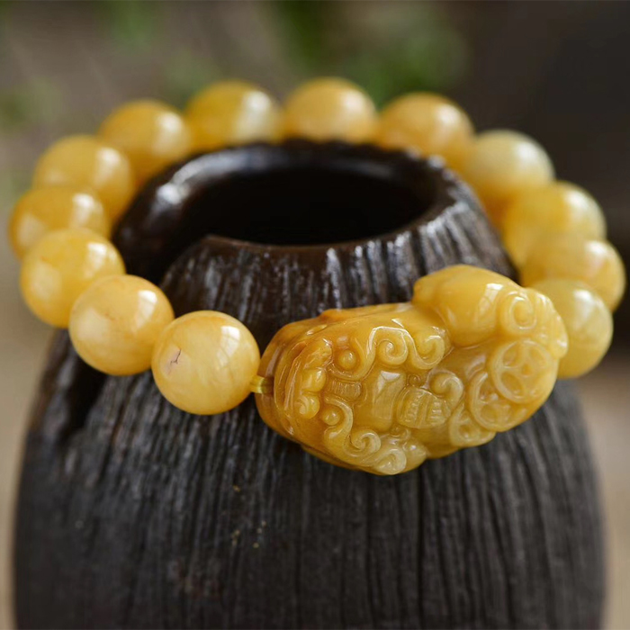 天然黄玉貔貅手链 纯天然老矿黄玉石貔貅手串 背3古钱貔貅