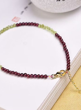 天然极细石榴石手链新款夏小珠子生日礼物古风复古绿橄榄石手串