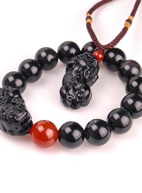 天然黑曜石挂坠貔貅手链