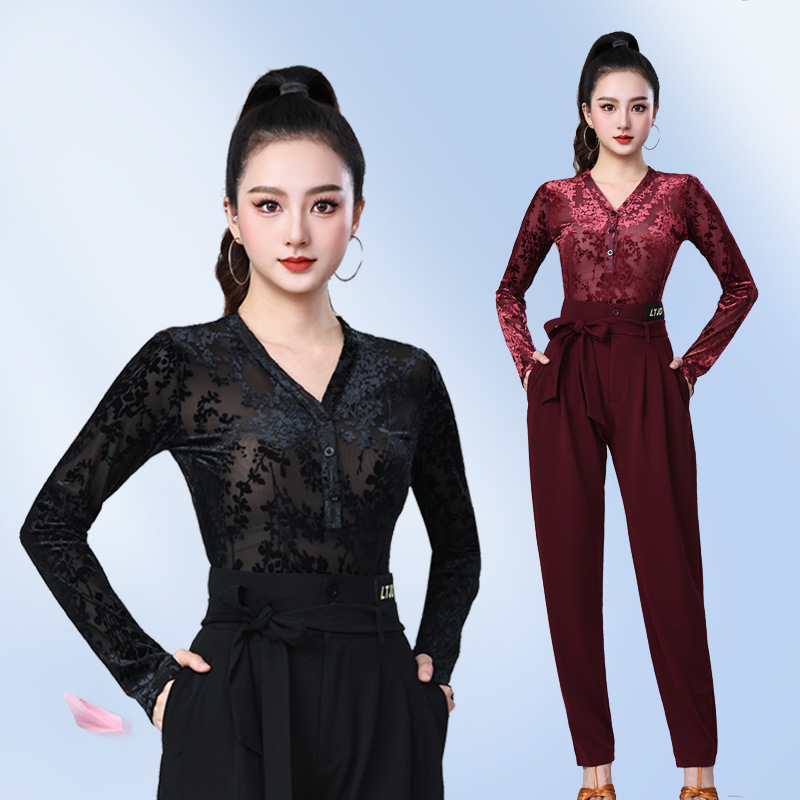V领网纱提花长袖套指跳舞衣女