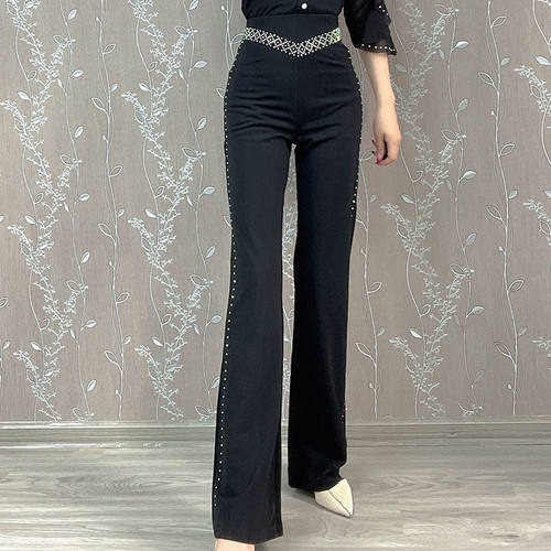 秋季新款女裤子舞蹈服烫钻直筒裤演出服三步踩广场舞吉特巴长裤子 - 封面