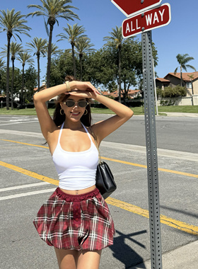 拉拉队美式辣妹挂脖带胸垫背心 裙裤套装