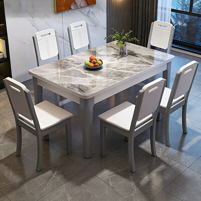 现代简约灰色大理石纹岩板餐桌