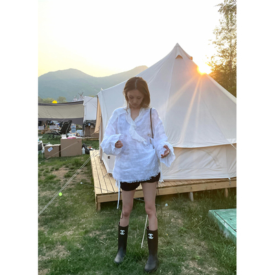 宽松系带韩式系带长袖亚麻