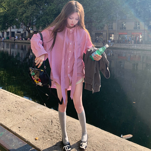 Avocadong 粉色竖条纹长袖衬衫女飘带廓形宽松款外套上衣2025新款