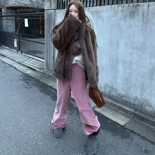 女百搭粉色长裤 5.0两色灯芯绒直筒腰带宽松休闲裤 神裤 Avocadong