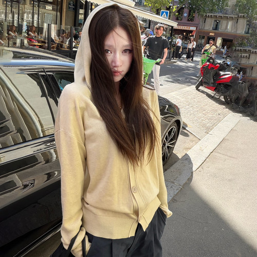 Avocadong 两色连帽16支细羊毛百搭宽松开衫针织外套女秋长袖上衣