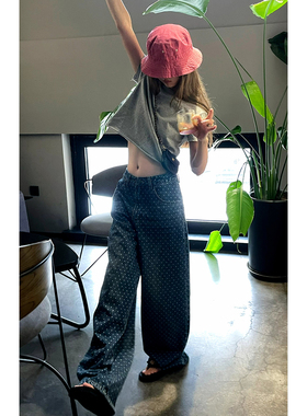Avocadongc位波点印花宽松阔腿中低腰牛仔裤女2025新款秋冬长裤子