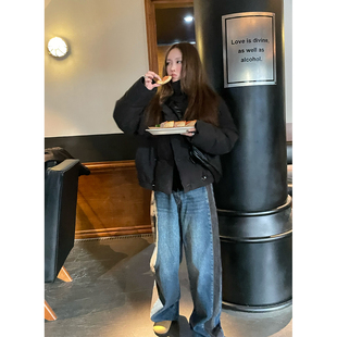 Avocadong  视觉显瘦黑蓝拼色宽松阔腿裤牛仔裤高腰显腿长休闲裤