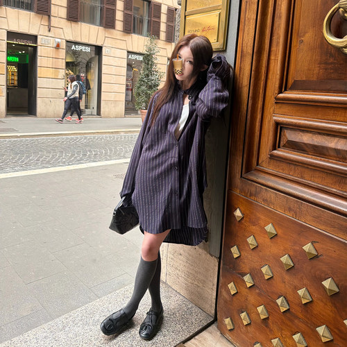 Avocadong亚麻竖条纹色织宽松不规则款chill长袖衬衫外套女春夏款