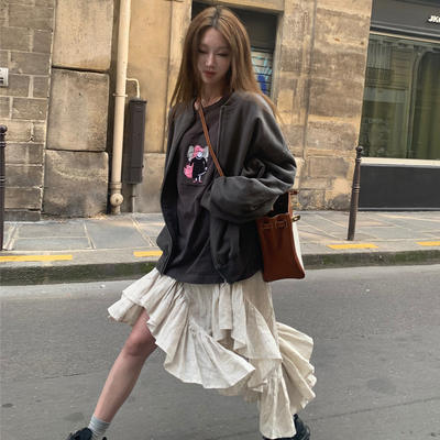 Avocadong 两色不规则金丝亚麻棉百搭时髦半身裙女设计感显瘦长裙