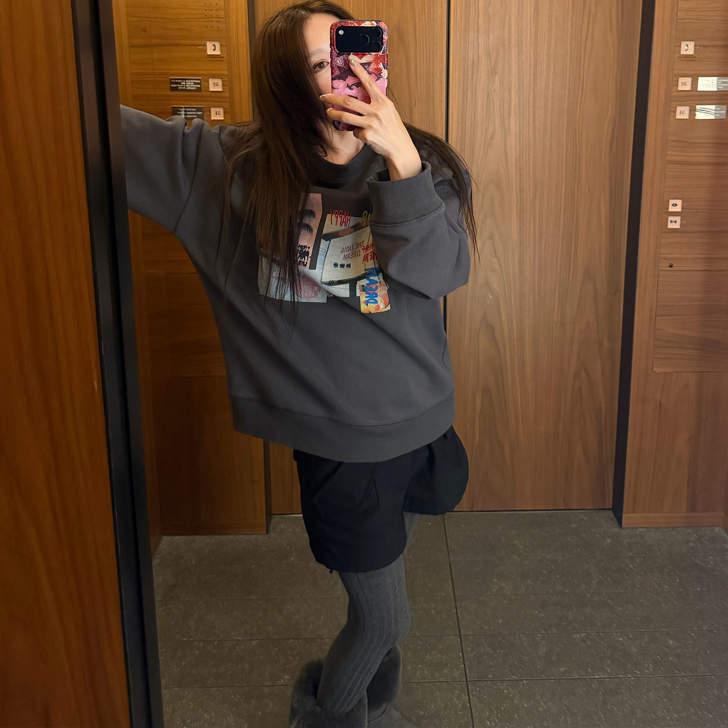 【Avocadong12/8AM10:00】配色顶美灰色印花加绒宽松圆领秋冬卫衣