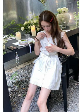 棉夏季刺绣衬衫短裤套装