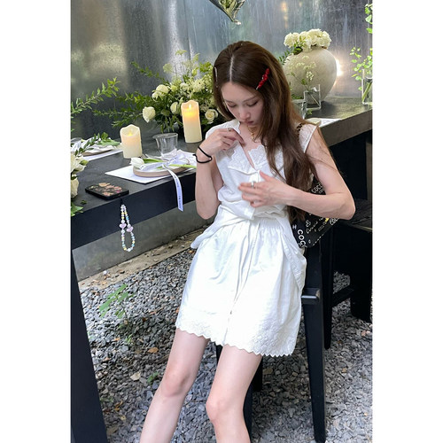 棉夏季刺绣衬衫短裤套装