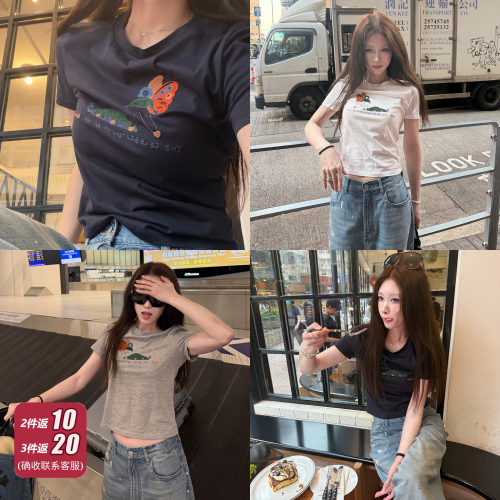 Avocadong 原创蝴蝶刺绣正肩显瘦常规款匹马棉短袖T恤女夏季上衣