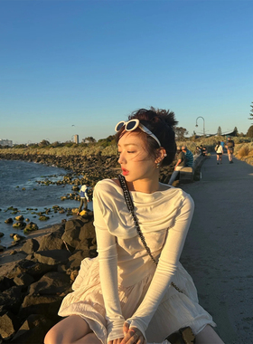 Avocadong 黑白两色拼接不同面料仙仙褶皱连衣裙女夏季长袖仙女裙