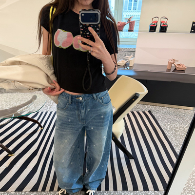 Avocadong 原创太阳花印花宽松款阔腿浅色牛仔裤女休闲直筒长裤子