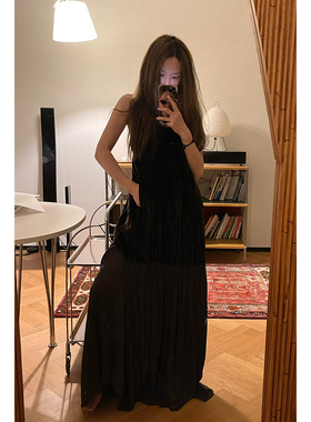 Avocadong  秋冬战裙jue美流光丝绒拼压褶吊带长款连衣裙