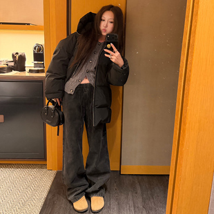 女显瘦长裤 3.0黑灰色直筒系带宽松直筒牛仔裤 显瘦神裤 Avocadong