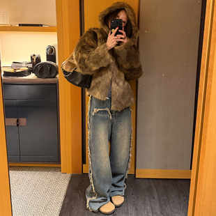 Avocadong 有点调性蓝色毛边宽松直筒休闲牛仔裤女士宽松阔腿长裤