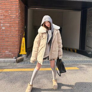 Avocadong 浅茶色90白鸭绒100羊毛毛领宽松羽绒服女冬季保暖上衣