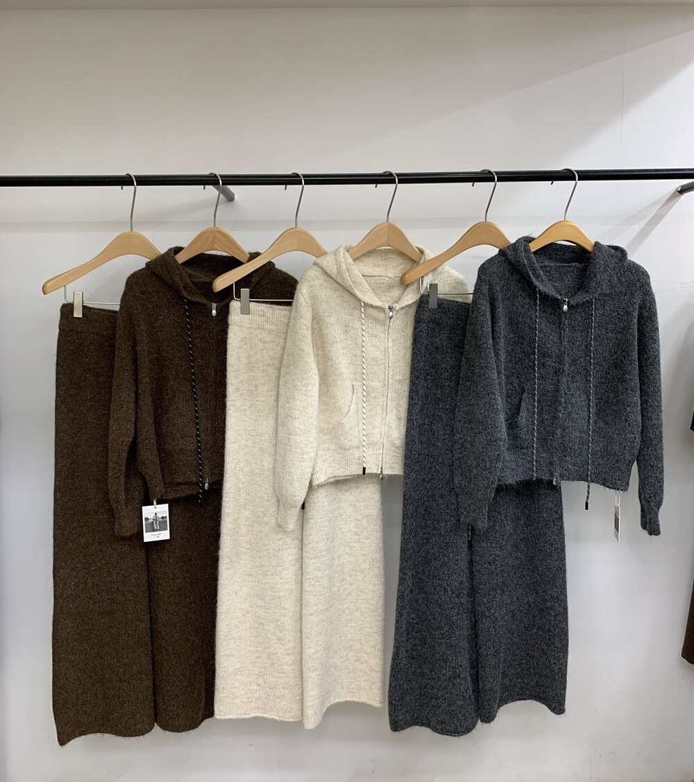 冬季慵懒风欧洲站宽松连帽毛衣开衫设计感拉链针织衫两件套装长裤